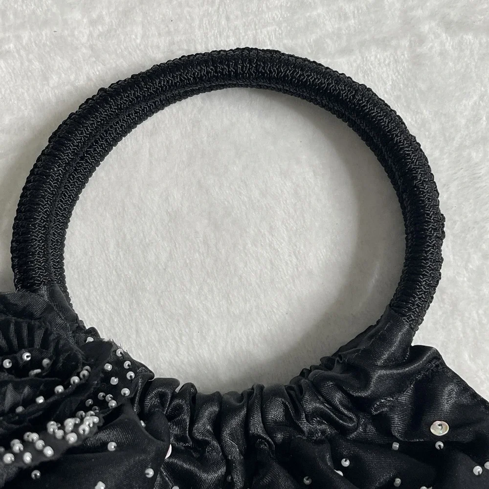 Black Beaded Evening wedding party  Purse/Handbag‎ Hoop Handles Satin Feel